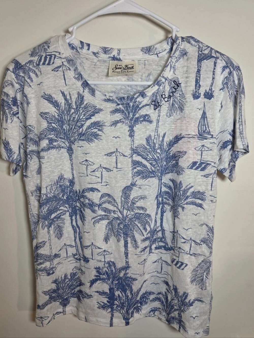 NWT MC2 Saint Barth Scarlett Linen T-Shirt Blue Toile de Jouy Tropical Resort S